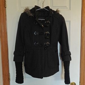 GUESS Charcoal Pea Coat with Faux Fur Hood